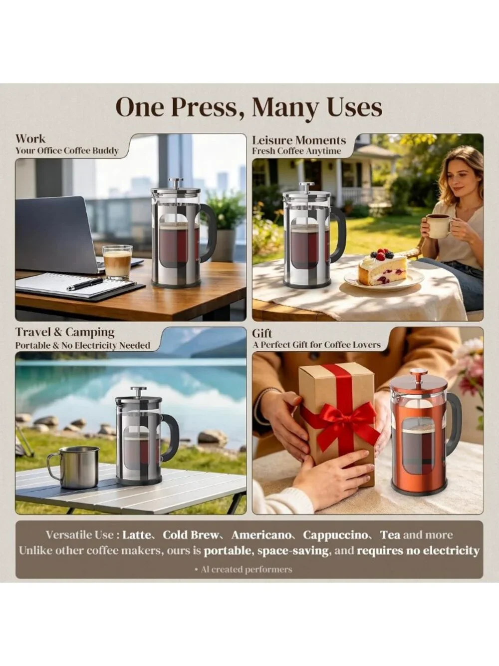 Premium 34oz French Press Coffee Maker - No Plastic, Perfect for Cafe-Quality